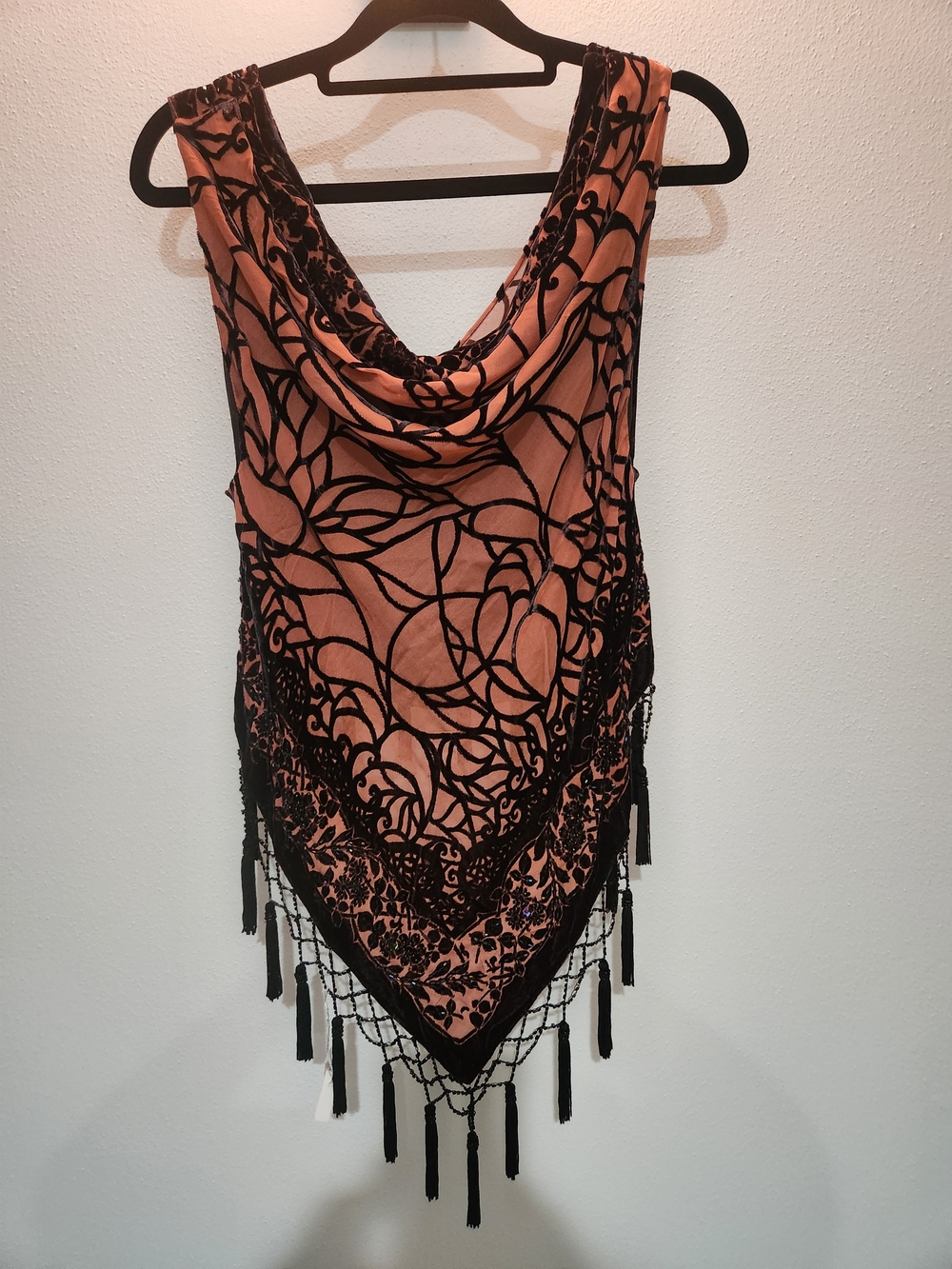 Sleeveless Coral Tank Top with Black Velvet Flocked Design and Fringe